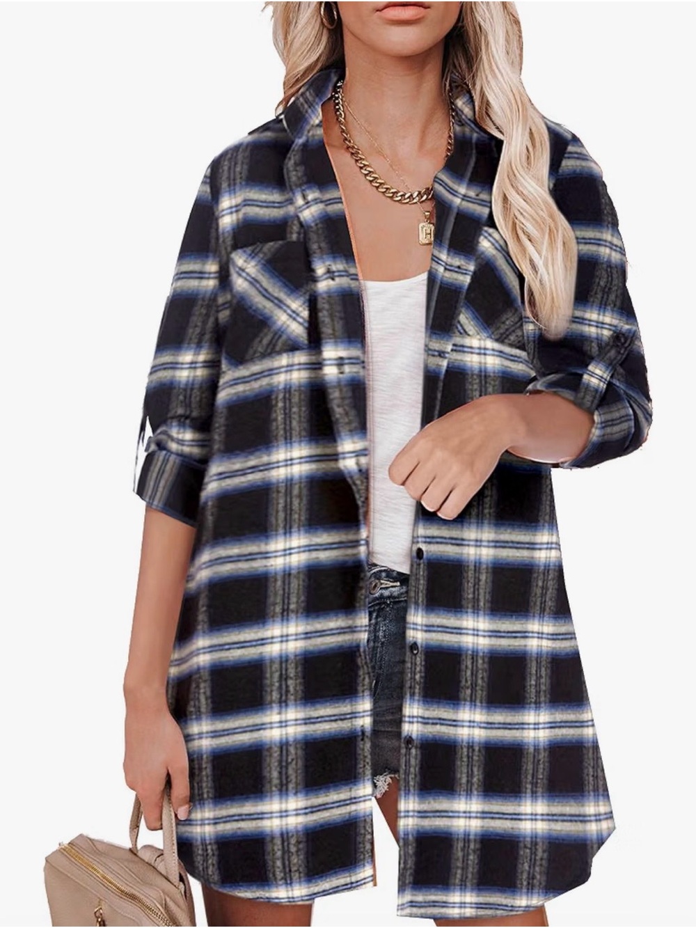Hotouch Plaid Button-Front boyfriend Shirt Jacket - Black & Blue